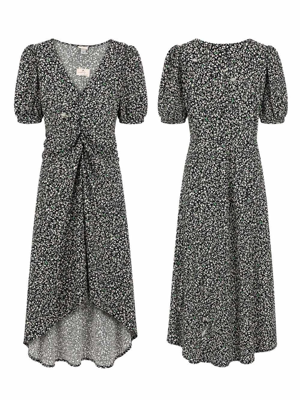 a new day Black Floral High-Low Midi Dress with Puff Sleeves Sz M